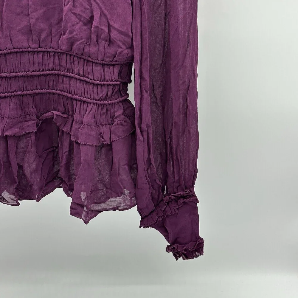 Farm Rio Size XXS Purple Smocked Long Sleeve Mock Neck Ruffled Peplum Top NWOT - Picture 3 of 13